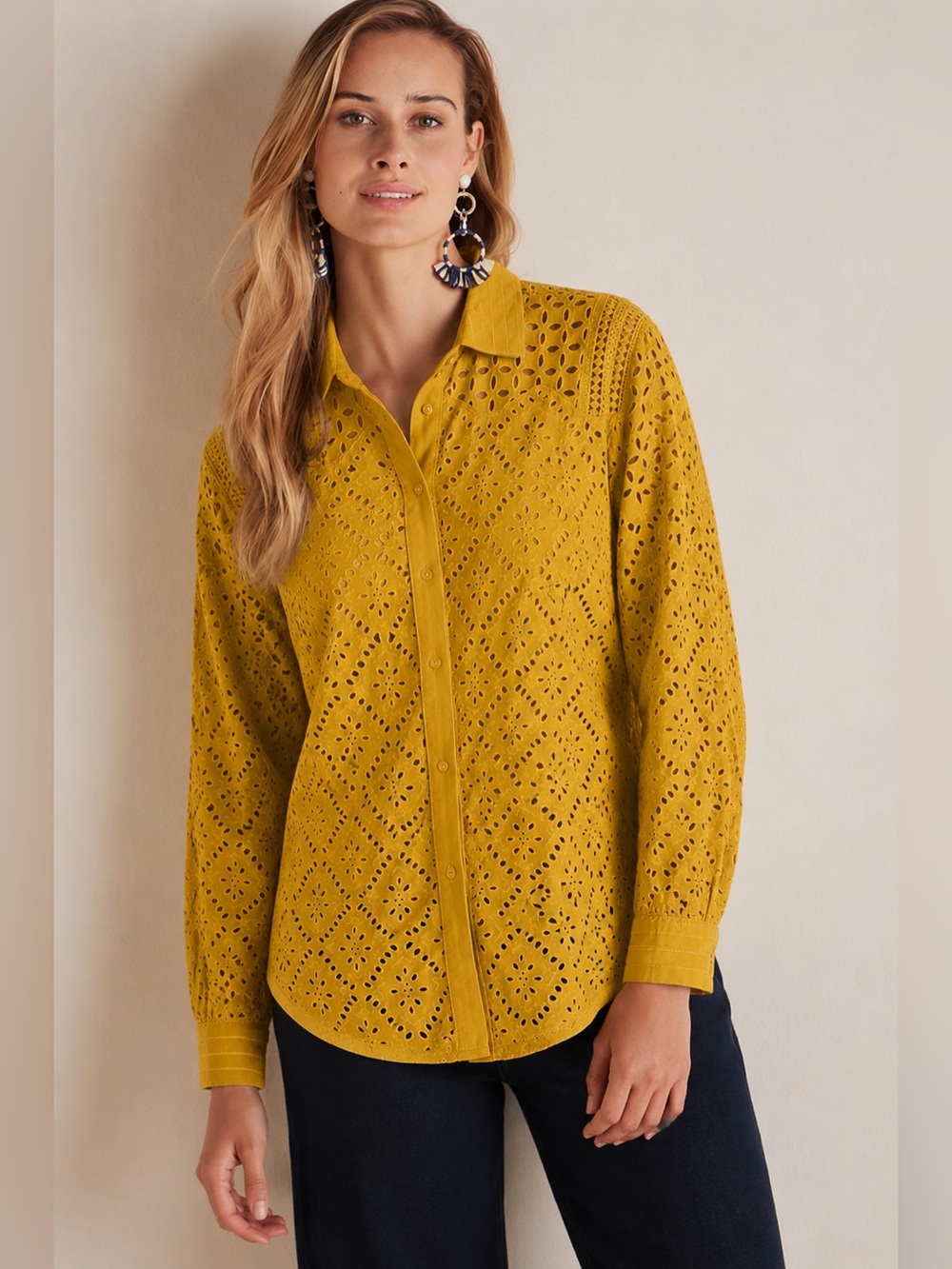 Chicos Cotton Eyelet Yellow Gold Button Up Shirt Womens Size 20 *764